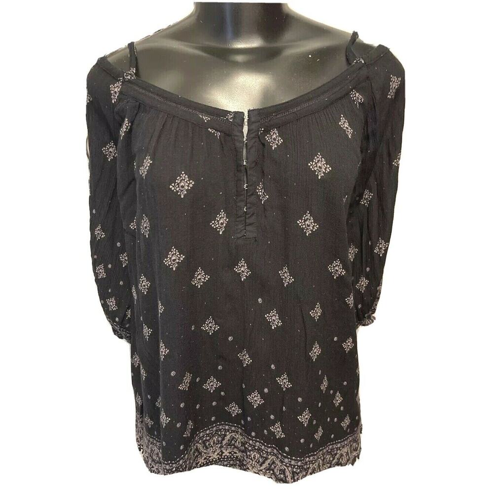 Medium Ecote Spaghetti Strap Off Shoulder Geometric Pattern Womens Top Black